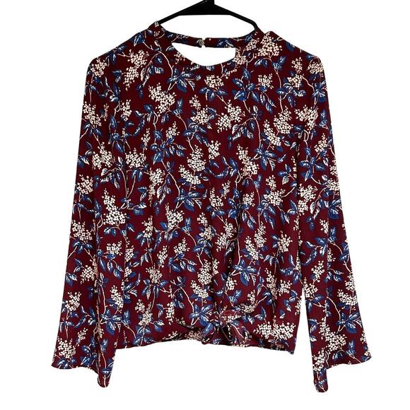Madewell Blouse Dark Floral Print Burgundy V Open Back front Tie Boho size XS - Picture 1 of 6
